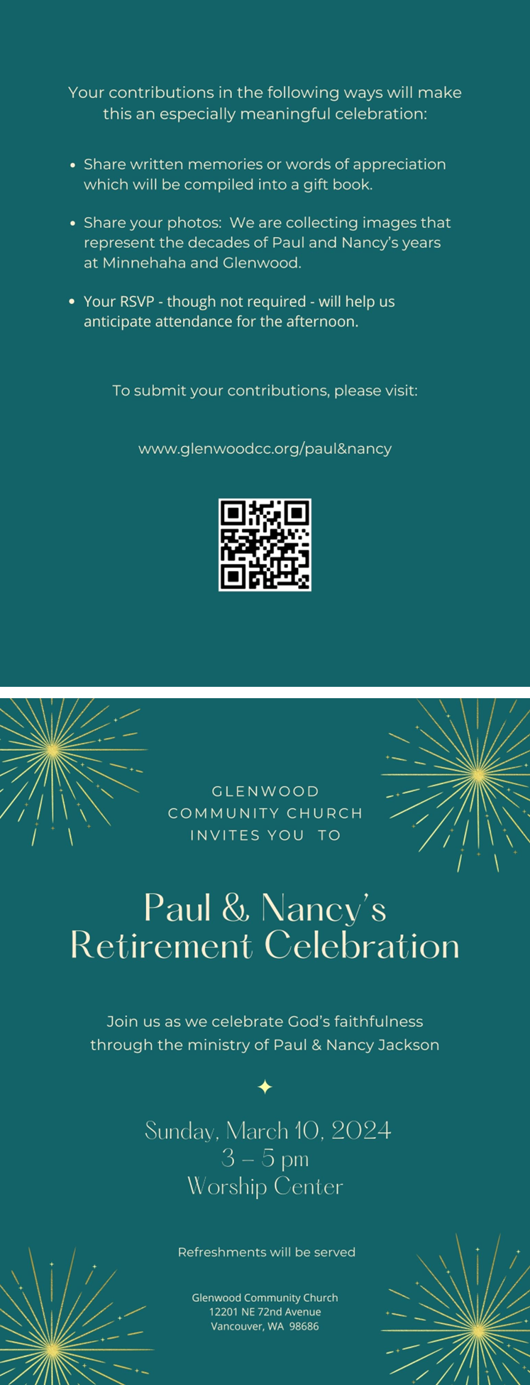 Glenwood community Church Invites you to Paul & Nancy’s Retirement Celebration. Join us as we celebrate God’s faithfulness through the ministry of Paul & Nancy Jackson Sunday, March 10, 2024 3 - 5 pm Worship Center.  Refreshments will be served.